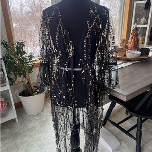 Hayden Black Sheer Kimono with Gold Accents
